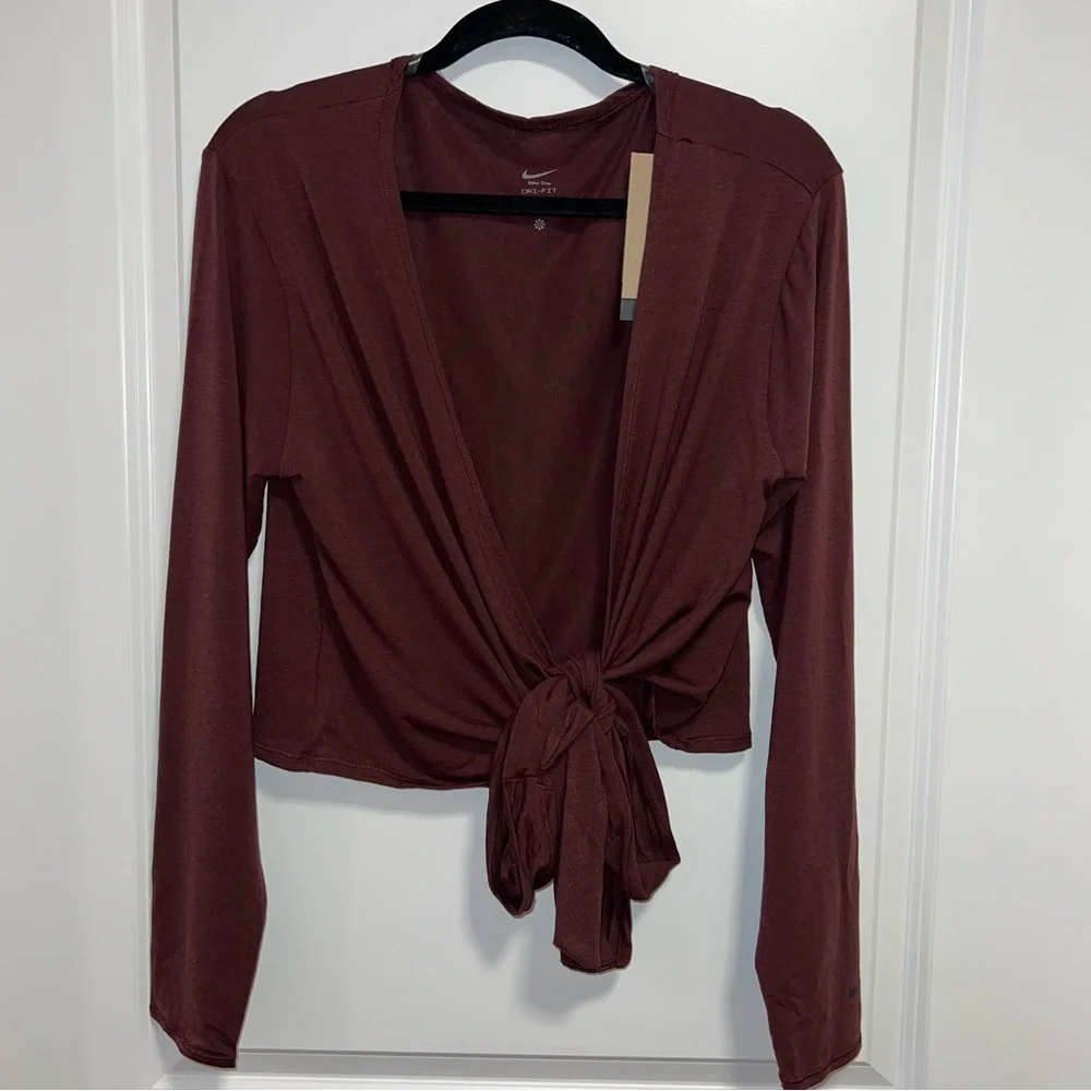 Nike Dri-FIT Wrap Top Burgundy Long Sleeve Tie Front Cropped NWT Size L - Picture 1 of 6